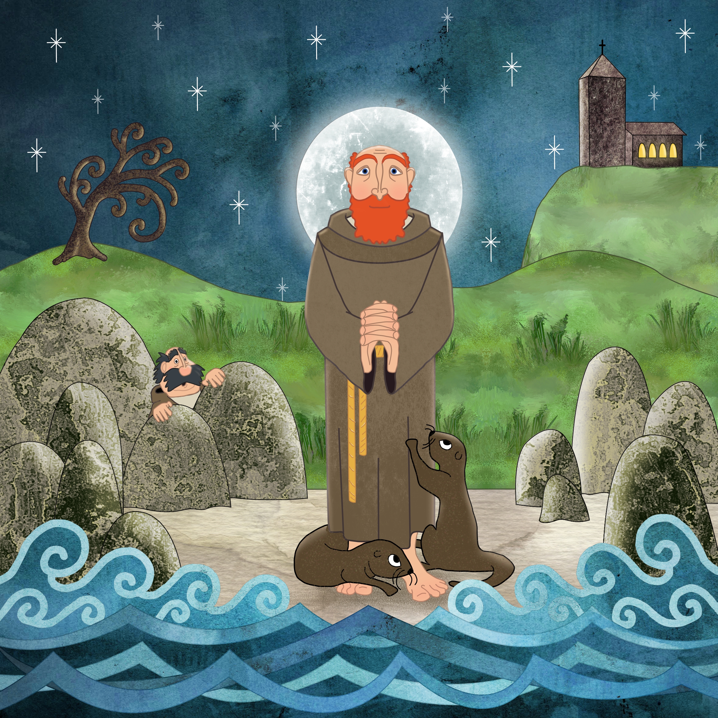St. Cuthbert - Patron Saint of Otters ©2023 A. T. Baron St. Cuthbert with otters