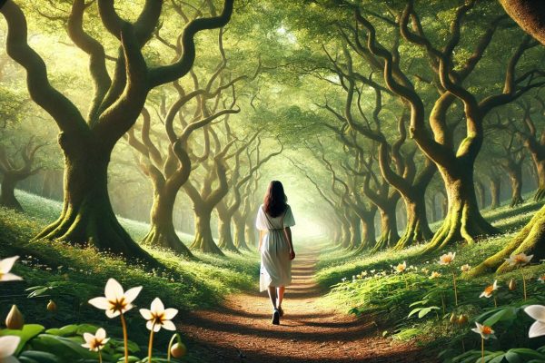 A woman in a white dress walks alone down a sunlit forest path lined with tall, twisted trees and blooming white flowers on this peaceful Fortune Cookie Friday, with soft light filtering through the leaves.