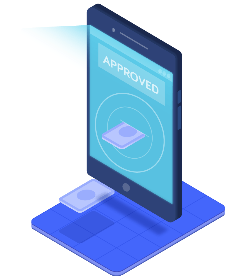 An illustration of a digital tablet displaying the word "APPROVED" and a digital card, with another card partially inserted into the tablet, symbolizing online payment approval.