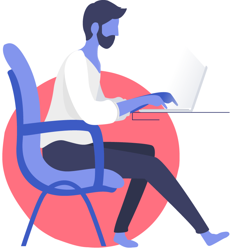 Illustration of a person with a beard sitting on a chair, working on a laptop at a desk, with a red circle background behind them.