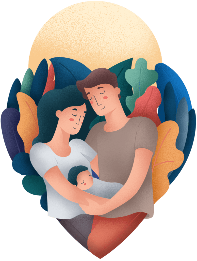 Illustrated family portrait of two adults lovingly cradling a baby, with their faces gently touching. They are surrounded by colorful leaves and a warm, glowing sun in the background, creating a heart-shaped frame.