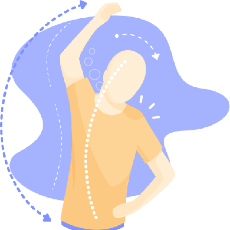 Illustration of a person stretching with one arm raised and the other hand on their hip, surrounded by dotted and curved arrows indicating movement and flexibility against a blue abstract background.
