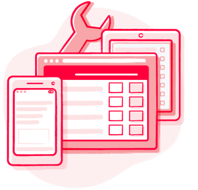 Illustration of a smartphone, a tablet, and a desktop screen with interface elements, overlaid with a large wrench, symbolizing tools for digital or software development.