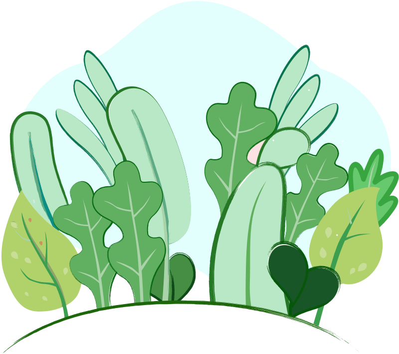 Illustration of various green leafy plants and foliage with different shapes and shades of green, set against a light blue abstract background.