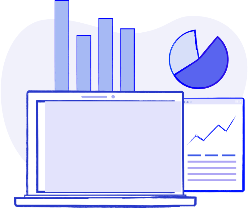 Illustration of a laptop with charts on its screen, surrounded by a bar graph, a pie chart, and a line graph, representing data analysis or business analytics.