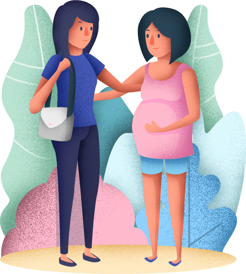 An illustration of two women standing outside; one is pregnant and wearing a pink top and shorts, while the other, holding a bag, is gently touching her friend's shoulder. Both are smiling, with colorful leaves in the background.