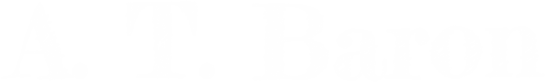 The image displays the text "A. T. Baron" in a large, white, decorative font on a light gray background.