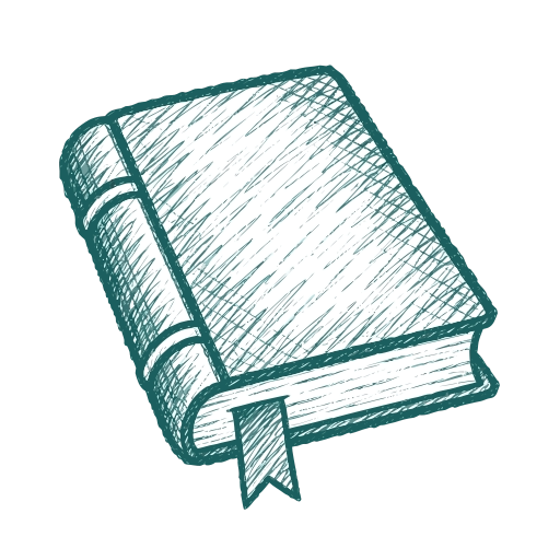 A hand-drawn illustration of a closed book with a visible spine and a ribbon bookmark sticking out from the bottom.