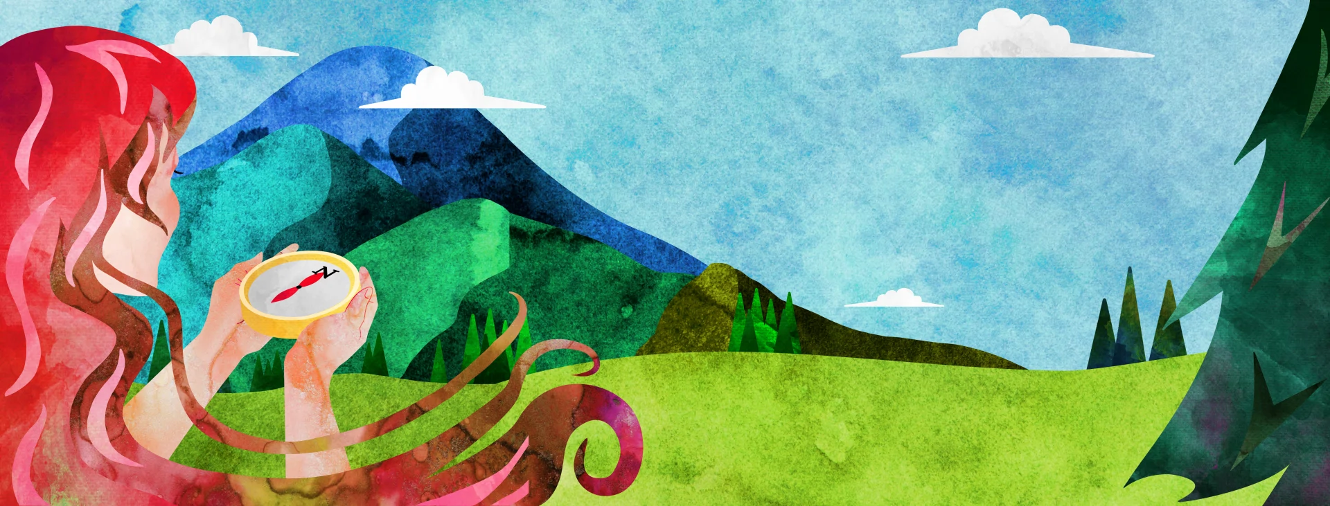 at-baron-explore-hero Illustration by A. T. Baron of a woman using a compass while exploring a mountain landscape.
